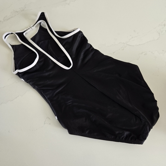 MIRACLESUIT Line Up One-Piece Swimsuit Sculpting High-Neck Black White Piping - Picture 5 of 11